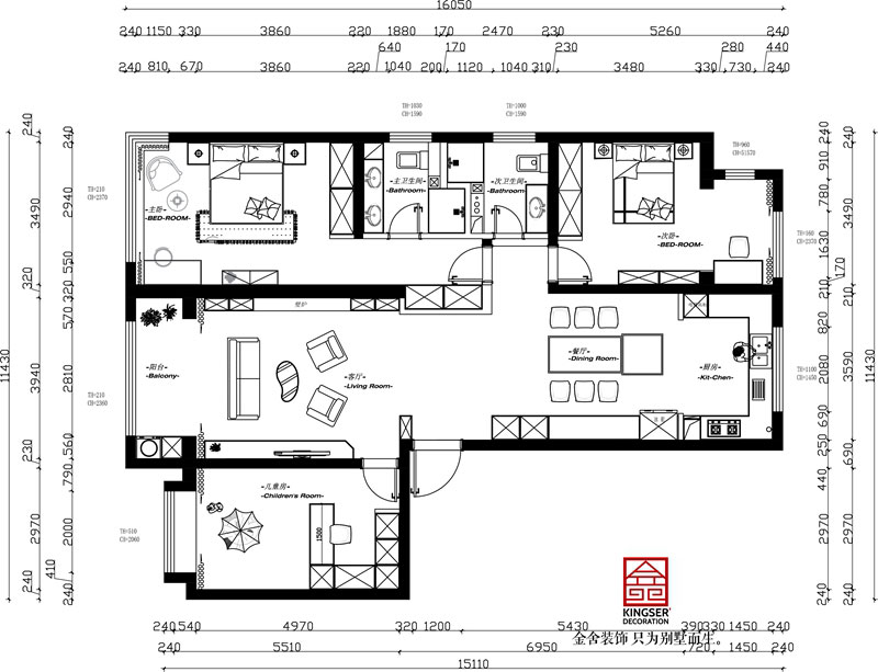 融創(chuàng)中心180㎡復古風格裝修戶型解析